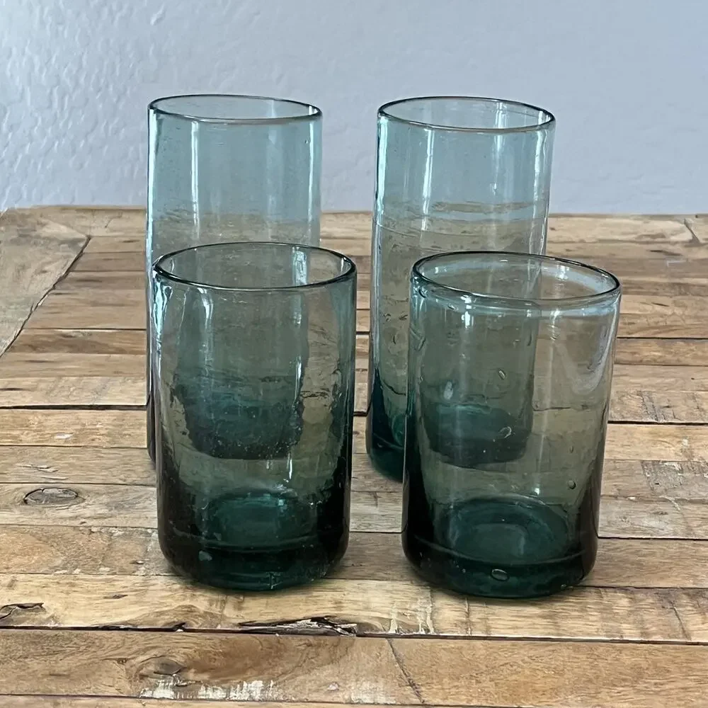 Hand blown Glass Tumblers Set of 4 Clear Teal Blue Bubble Design